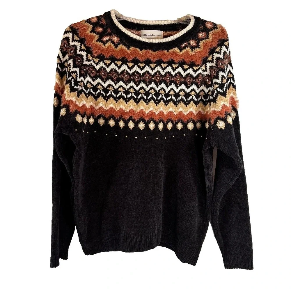 Alfred Dunner Sweater Pullover Crew Neck Black/Orange/Cream Women's Size L